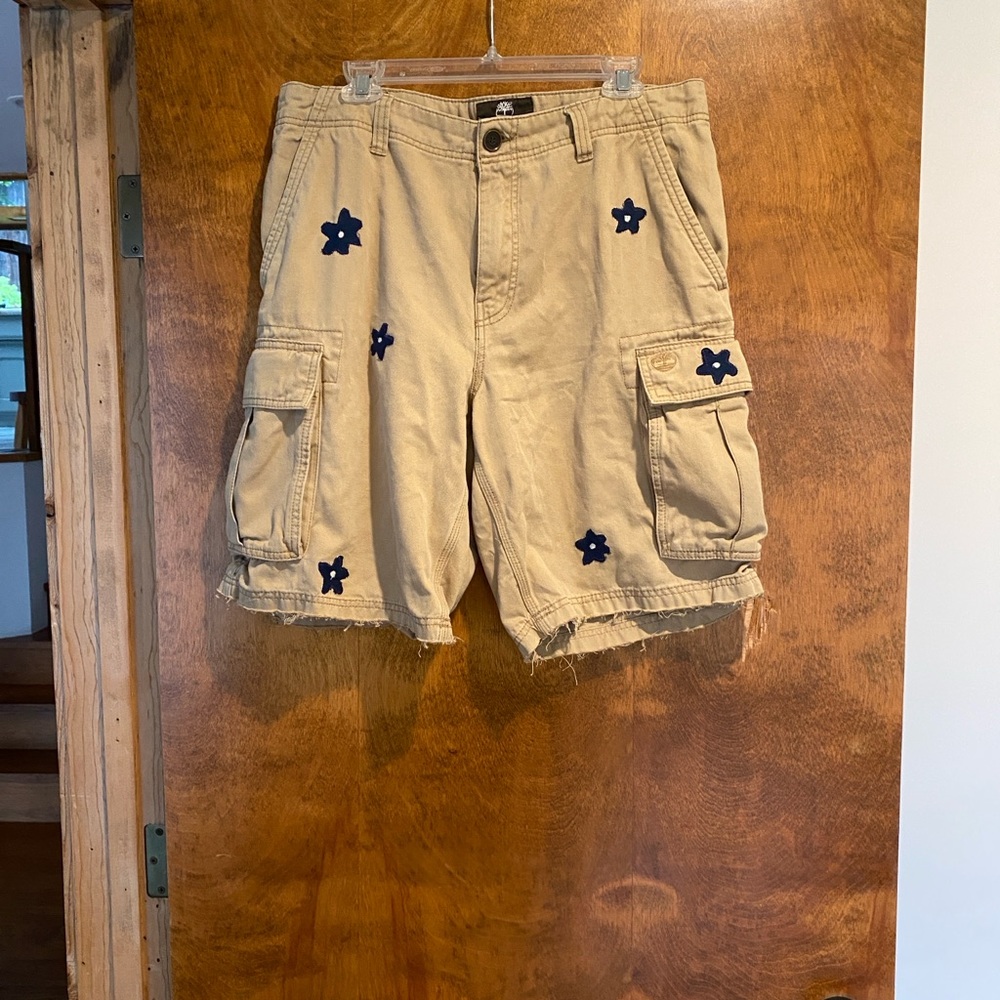 Embellished Tan Cargo Shorts with Blue Star Accents